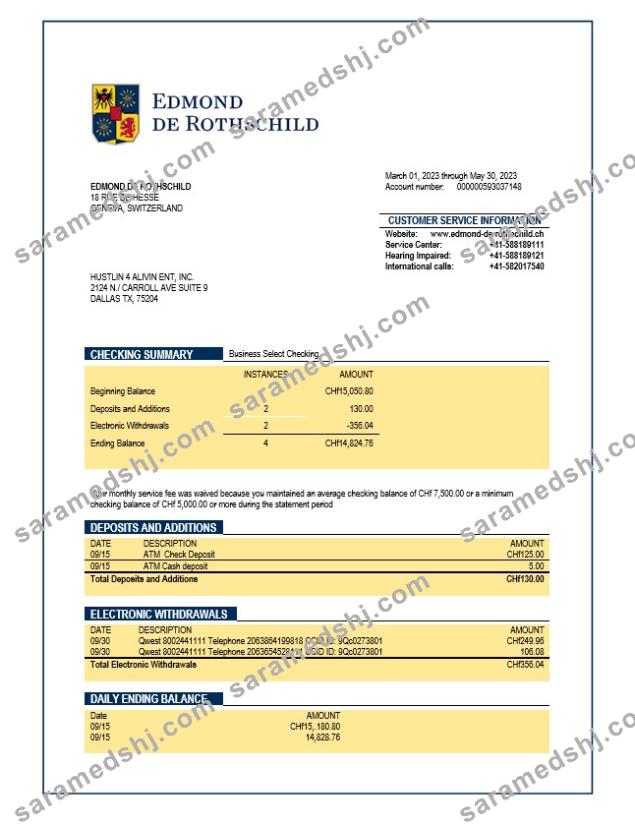 Banque Privee Edmond de Rothschild organization checking account statement Word and PDF template
